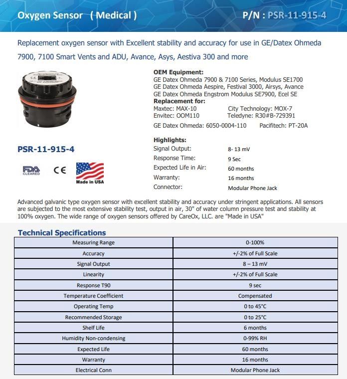 Нетоксичный медицинский кислородный датчик портативный пластик PSR-11-915-4 для 7900 7100 ADU